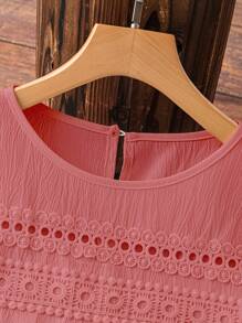 Breezaya 蕾丝拼布褶皱麻质编织落肩白色宽松女式连衣裙