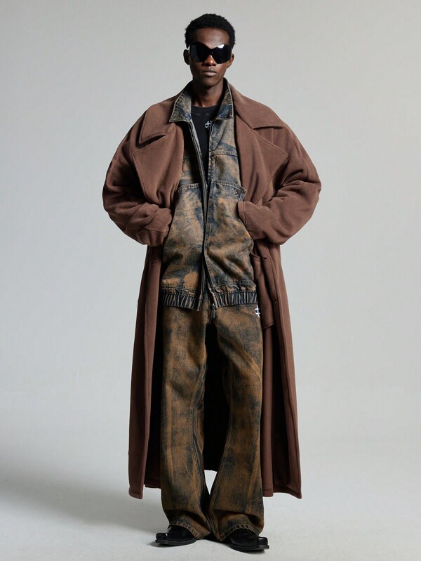 NEON BLANC Herren lässiger, lang geschnittener, thermisch gefütterter, doppelreihiger Trenchcoat, Büro-Streetwear-Rapper-Flanell-Trenchcoat, als Geschenk für Freunde, Ehemänner, Freunde