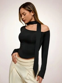 Glamine Solid Color Long Sleeve Slim Fit Casual Women Top - Black - View 4