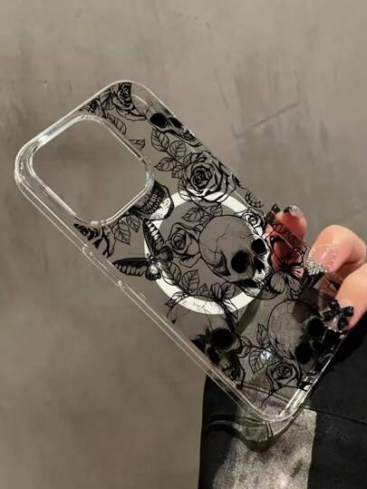 Goth 1pc Dark Rose & Skull Pattern Magnetic Transparent IPhone Case
