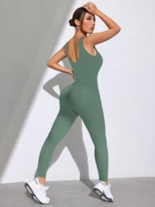 Easithlete Women Solid Color Round Neck Daily Fitness Camisole And Jumpsuit - Mist Green - View 5