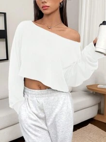 INAWLY T-shirt Court Décontracté À Épaule Basse Et Couleur Unie Pour Femme