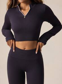 Lifespree Women Sporty Set Zippered Solid Color Fitted Crop Top & Leggings - Grey - View 6