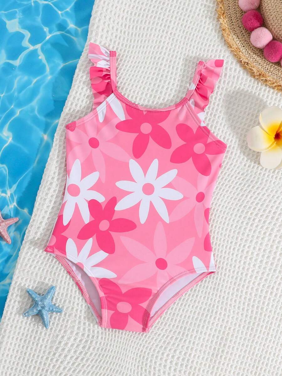 SHEIN 女婴可爱花卉印花荷叶边连体泳衣和沙滩装 - 粉色 - 查看 1