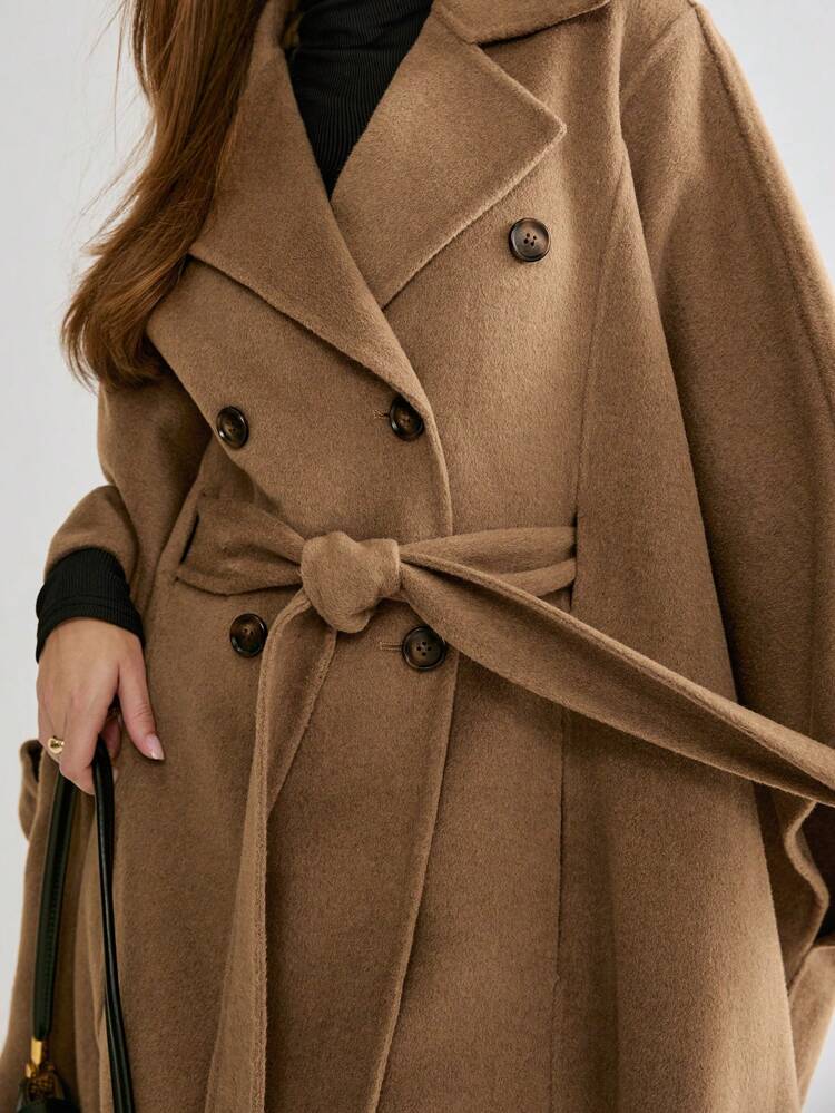 NEW Autumn Winter Products, Women's Solid Color Lapel Tassel Hem Batwing Sleeve Double-Breasted Elegant Overcoat, Autumn Winter Clothing, Autumn Winter Coat, Fall Women Outfits, Cold Weather Clothes, Winter Women Coat, For Halloween & Christmas Party