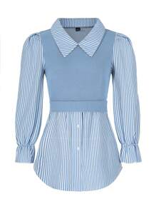 EMERY ROSE Women's Casual Striped Patchwork Puff Sleeve 2 In 1 Top, Spring Autumn Fall Cloth For Women - Baby Blue - View 6