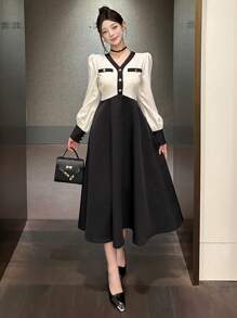 DAZY Vestido de mujer con cuello en V, recorte de color block y largo hasta la pantorrilla, vestido de manga larga para otoño