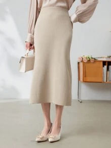 DAZY Solid Color Women Casual Pullover Sweater Mid-Length Skirt,Fall Clothes - Apricot - View 6
