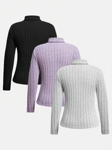 SHEIN adolecent Girl Pull col roulé en tricot doux et polyvalent de couleur unie, achetez-en 1 et obtenez-en 2, Top à manches longues