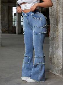 SHEIN ICON Plus Size Women's High Waisted Frayed Hem Flared Casual Versatile Jeans - Blue - View 6