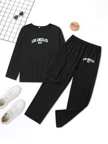 2pcs Teenagers Boys Round Neck Long Sleeve Printed Minimalist Top And Pants Casual Pajama Set