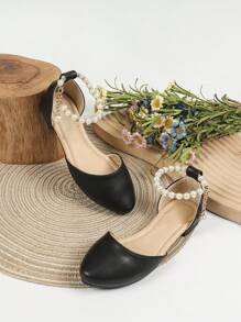 New Summer Fashion Pointed Toe Flat Shoes For Teenage Girls, Outdoor Leather Flats For Female Students & Plus Size, White Pointed Toe Fashionable Pearl Shoes, Comfortable Casual Shoes - Black - View 5