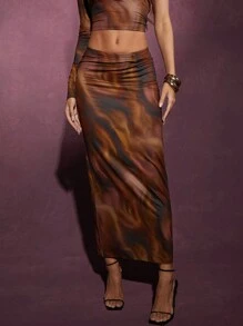 SHEIN Unity Winter Women Clothes, Women's Low-Rise Brown Abstract Mesh Print Maxi Skirt Slim Fit Fashionable Daily Elegant. For Daily Wear, Date Night, Concerts, Performances, Parties, Clubs, Evening