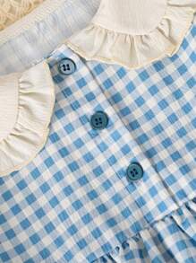 SHEIN Baby Girl Chic Long Sleeve Ruffled Collar Plaid Pattern Princess Dress, Autumn - Blue - View 4