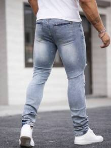 Manfinity LEGND 男式街头水洗泼漆做旧紧身休闲牛仔裤 - 淺色水洗藍 - 查看 2