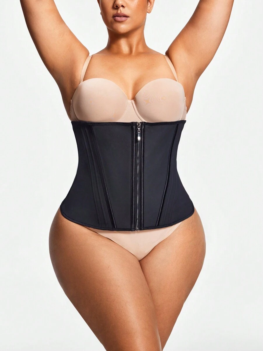 SHEIN Plus Size Women's Solid Color Zip Placket Waist Cincher - Black - View 1
