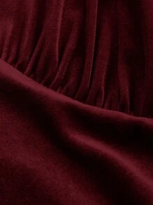 SHEIN MOD Plus Size Velvet Cinched Waist Lantern Sleeve Midi Dress - Burgundy - View 4