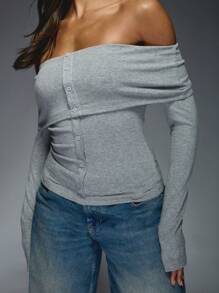 MISSGUIDED 罗纹折叠翻盖纽扣长袖露肩上衣 - 淺灰色 - 查看 3