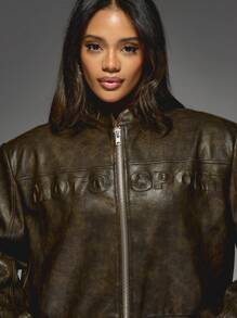 MISSGUIDED Distressed Biker Motocross Racing Motorcycle Zippered Vegan Jacket With Cargo Pockets Streetwear Punk Y2K Winter Outerwear - Brown - View 4