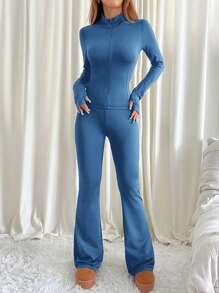SHEIN EZwear 2 件套女士休闲纯色修身衬衫和喇叭裤套装，秋冬 - 藍色 - 查看 6