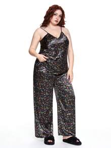 ROMWE Fairycore Plus Size Fairy Core Butterfly Mushroom Floral Satin Allover Print Camisole & Lounge Pants Set