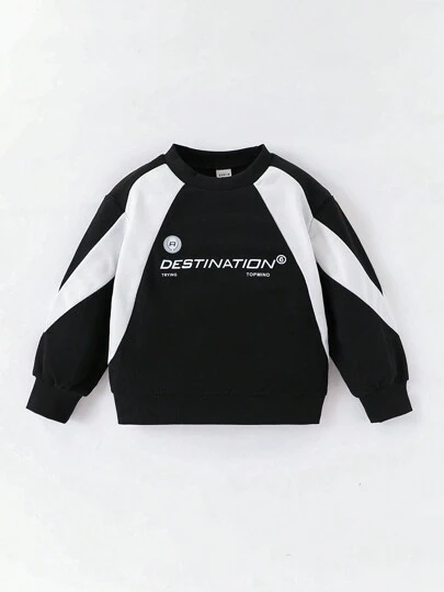 SHEIN 年轻男孩休闲字母印花拼色圆领运动衫，适合秋冬季