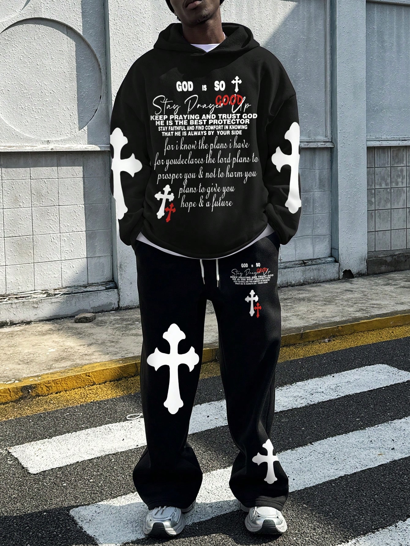 Manfinity Dauomo Men's Cross & English Letter Print Sweatshirt Set, Casual Streetwear, Autumn/Winter
