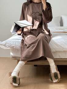 DAZY 图案印花拼色插肩袖宽松睡袍睡衣 - 咖啡棕 - 查看 5