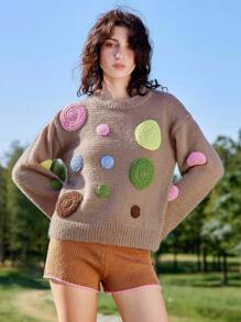 SHEIN Unity Brown Vintage Embroidery Circle Pattern Women Long Sleeve Sweater Cute Outfits 3D Floral Design - Brown - View 5