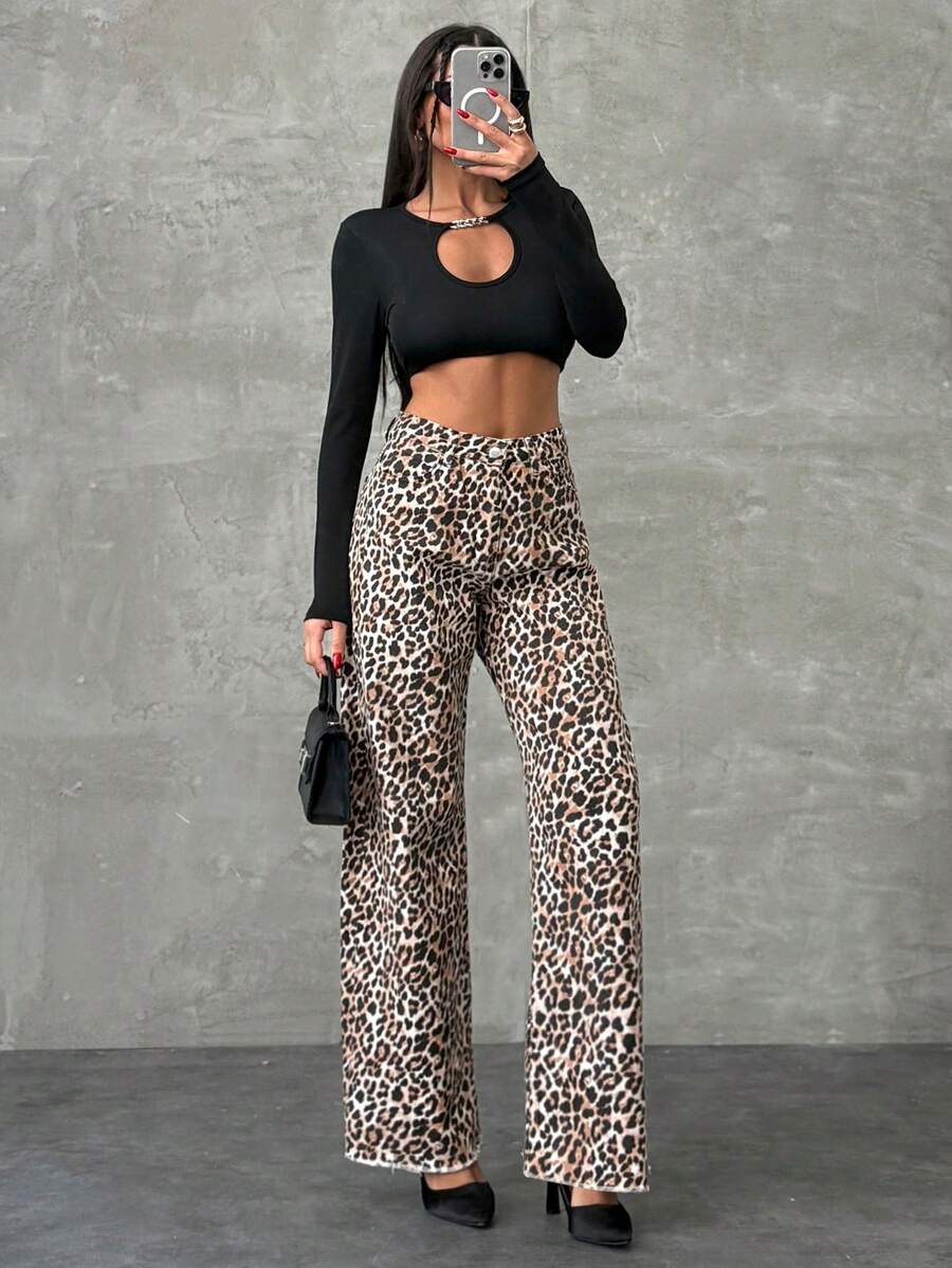 EURMUSE 100% Cotton MID RISE WIDEEG CUT LEOPARD JEAN - Multicolor - View 1