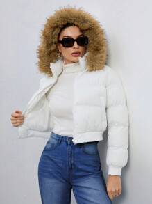 SHEIN Tall 女士拉链领毛茸茸连帽休闲棉服外套，冬季 - 白色 - 查看 3