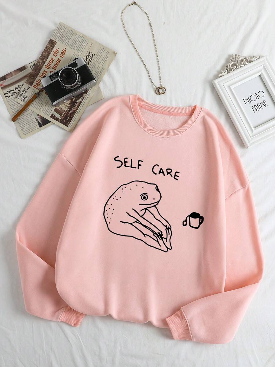 Women's Round Neck Sweatshirt With Letter & Cartoon Frog Print Pullover Fall Sweatshirt - Dusty Pink - View 1