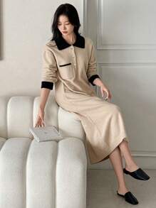 DAZY 女式高领长袖拼色长款毛衣连衣裙，秋冬款 - 杏色 - 查看 4