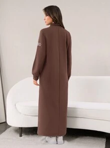 Mulvari Women's High Neck Contrast Color Trim Pocket Front Geometric Print Long Sweatshirt Dress