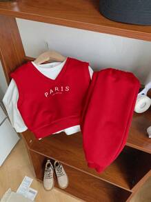 SHEIN Leap Crew 3pcs Young Boys & Girls Back-To-School V-Neck Printed Vest,White Long Sleeve T-Shirt And Pants Set,Casual School Style Career Day Outfit For Autumn - Red - View 10