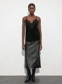 Maija 女士圣诞派对蕾丝拼接天鹅绒黑色吊带背心，适合秋冬季、情人节、节日、独立日、圣若昂节、毕业典礼、假日等场合。 - 黑色 - 查看 6