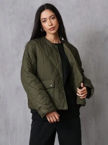 Aveloria Affinna Autumn/Winter Clothes Casual Rhombic Quilted Padded Padded Coat With Large Pockets, Crew Neck, Long Sleeve, Short Style  - Army Green - View 5