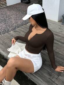 SHEIN EZwear 开衫和纯色短裤套装，长袖，简单，时尚，休闲，适合日常穿着 - 棕色 - 查看 4