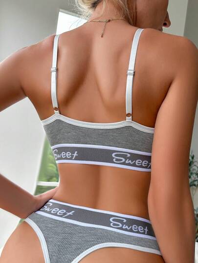 EasyFave Yoga Letter Tape Contrast Binding BH Slipje Lingerie Set Sports view 2