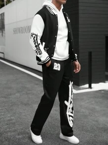 Manfinity Homme 男士字母条纹长袖棒球夹克和裤子宽松休闲西装套装 - 黑與白 - 查看 3