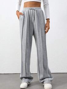 Flirla Tall 女士高腰灰色破洞拼接抽绳直腿休闲运动裤，时尚简约，秋冬 - 灰色 - 查看 5