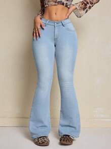 SHEIN SXY Distressed Flare Fit Jeans With Thermal Lined, Casual For Autumn/Winter - Light Wash - View 6
