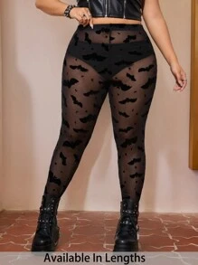 SHEIN Tall CURVE Women Plus Size Bat & Sheer Mesh Leggings, Halloween, Autumn - Black - View 1