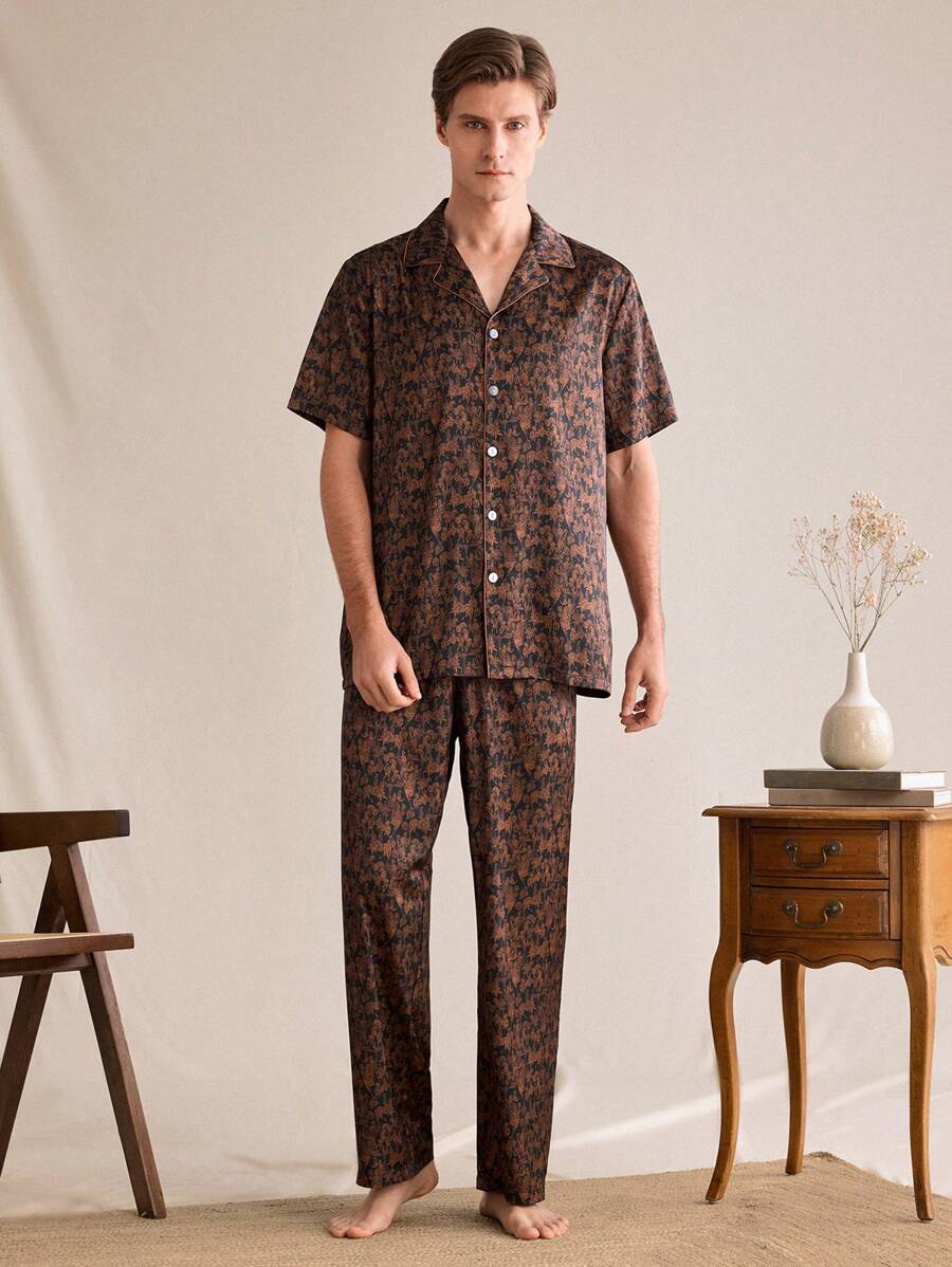 EverLounge Men's All-Over Print Front Button Short Sleeve Top And Pants Pajama Set - Multicolor - View 1