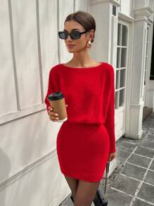 Chiquease Nouvelle robe pull près du corps cintrée à la taille, col rond, couleur unie, sexy, pour le Nouvel An - Rouge - Voir 6