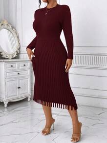Celure Plus Size Dames Mid-Calf Lengte Ronde Hals Effen Kleur Geplooide Taille Getailleerd Elegante Lange Mouw Trui Jurk, Winter