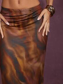 SHEIN Unity Winter Women Clothes, Women's Low-Rise Brown Abstract Mesh Print Maxi Skirt Slim Fit Fashionable Daily Elegant. For Daily Wear, Date Night, Concerts, Performances, Parties, Clubs, Evening