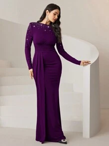 Veilorie Vrouwen ronde hals lange mouw gerimpelde taille splice flounce zeemeermin maxi elegante jurk met strass detail bescheiden