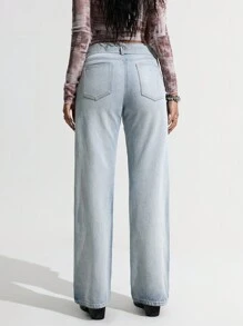 SHEIN ICON Women's Simplicity Front Button Pocket With Belt Casual Denim Jeans, For Daily Wear Grunge Washed Distressed - Light Wash - View 3