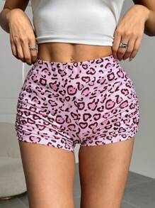 SHEIN EZwear 女式豹纹褶皱松紧腰休闲短裤 - 粉色 - 查看 2